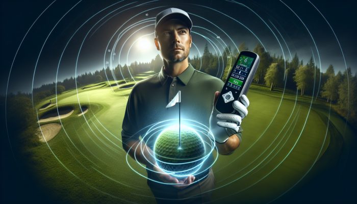 How to Choose a Golf GPS Device: A golfer using a handheld GPS device on a green course, with satellite imagery showing distances to flag and hazards.