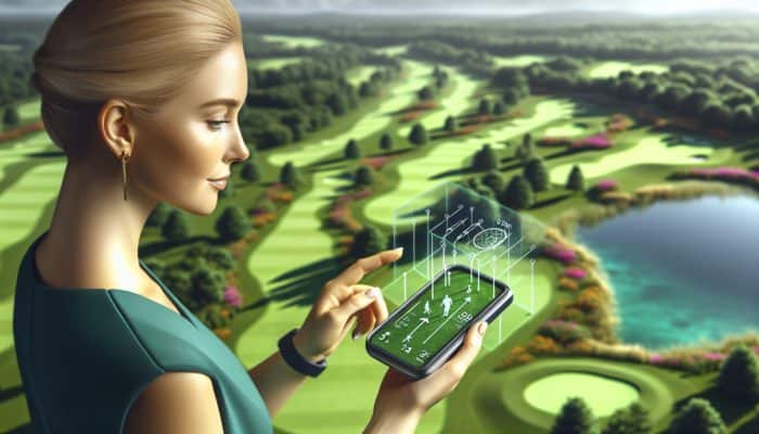 Golfer using a modern GPS device on a lush green course under a sunny sky.