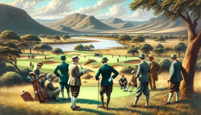Early 20th-century golfers in vintage attire playing on a lush green course with scenic hills and the Pongola River in the background.