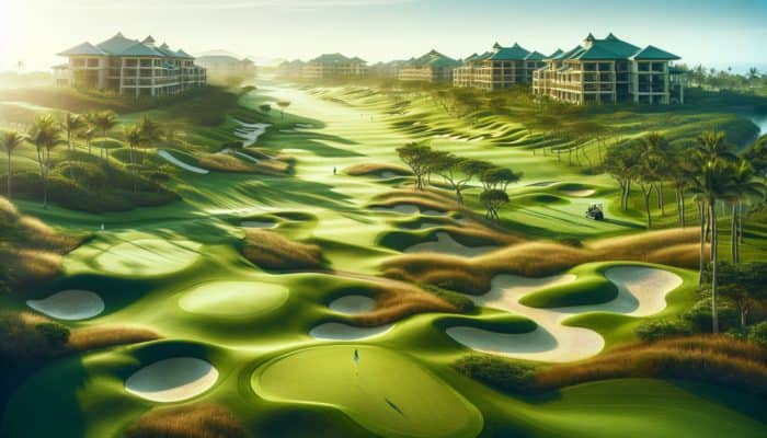 Serene golf course at San Lameer with lush fairways, bunkers, and resort backdrop under clear sky.