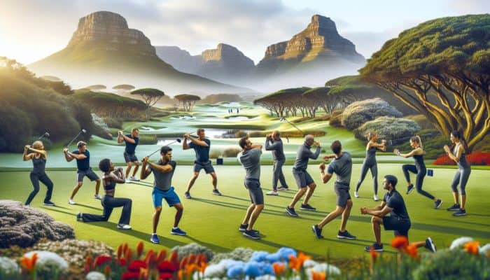 South African golfers in a fitness program, enhancing endurance and strength, fostering camaraderie amidst scenic golf courses.