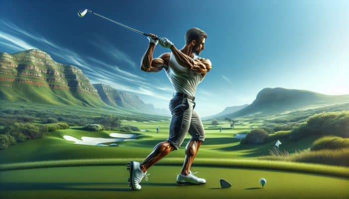 Louis Oosthuizen swinging a golf club with strength and consistency on a lush green course.