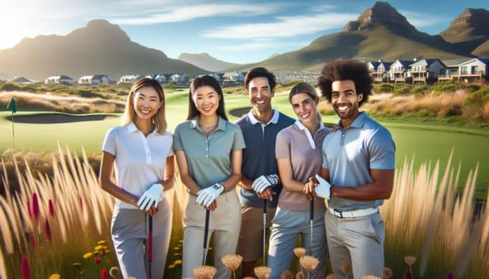 Diverse golfers on a South African course, enjoying stunning landscapes and camaraderie in an inclusive setting.