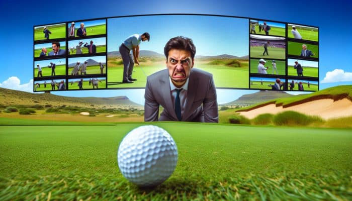 Frustrated South African golfer on green course, glaring at wayward ball, with TV screens showing pro swings.