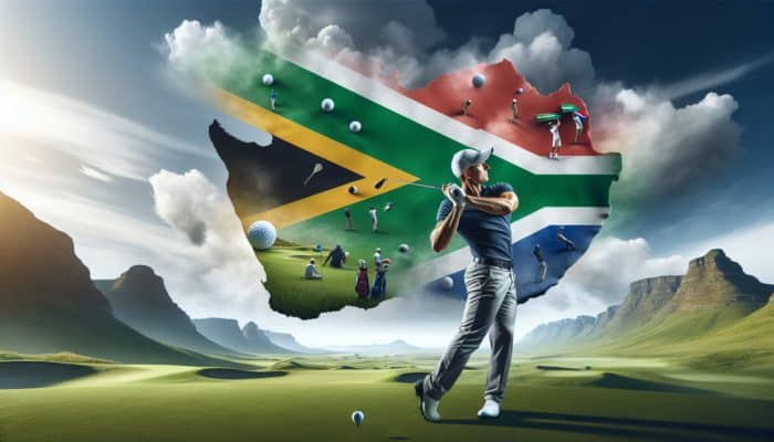 A South African golfer executing a perfectly timed swing on a challenging course, showcasing precision and control.