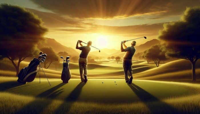 Ernie Els and Gary Player demonstrating smooth, rhythmic swings on a serene South African golf course at sunset.