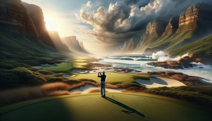 How to Stay Positive in Golf: A golfer on a South African course, surrounded by coastal cliffs and lush bushveld.