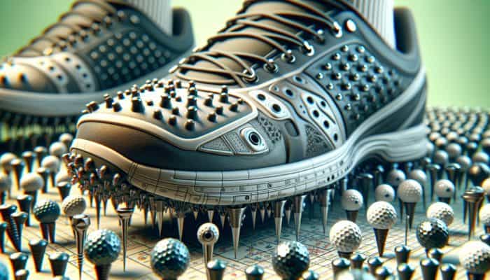 Close-up of golf shoes with metal and plastic spikes for grip on South African terrains.