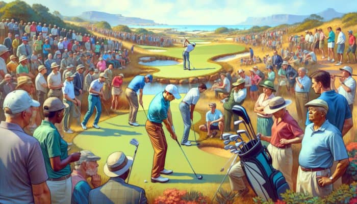 Golfers competing in a vibrant South African tournament using the Stableford scoring system, focusing on par-5 holes.