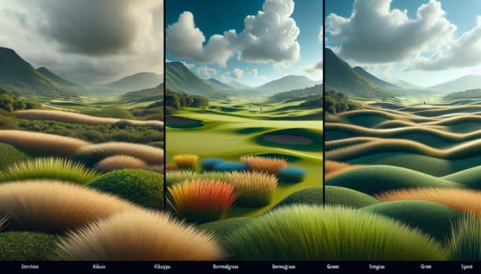 South African golf course sections with kikuyu, bermudagrass, and bentgrass under varying climates.
