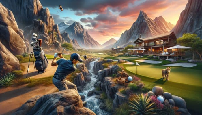 Top Golf Resorts for Adventure: Golfer on challenging course with mountains and wildlife, transitioning to luxury spa at sunset.