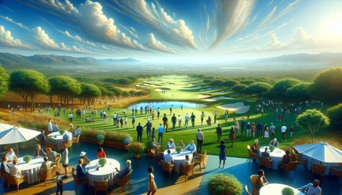 Benefits of Golf Social Clubs: A diverse group socializing and playing golf at a South African club, fostering community under a clear sky.