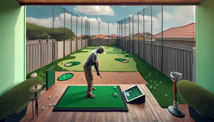 How to Practice Golf Without a Range: A South African backyard with a mini golf driving range, featuring a net for safety and a golfer practicing.