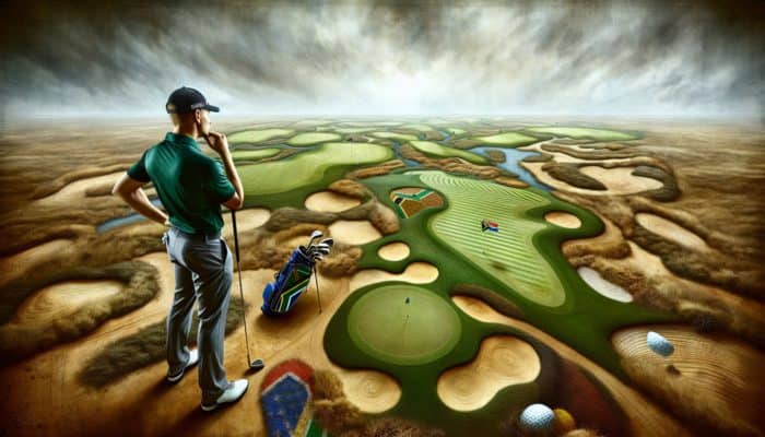 A South African golfer strategizing on a diverse course, focusing on ball placement and approach angles.