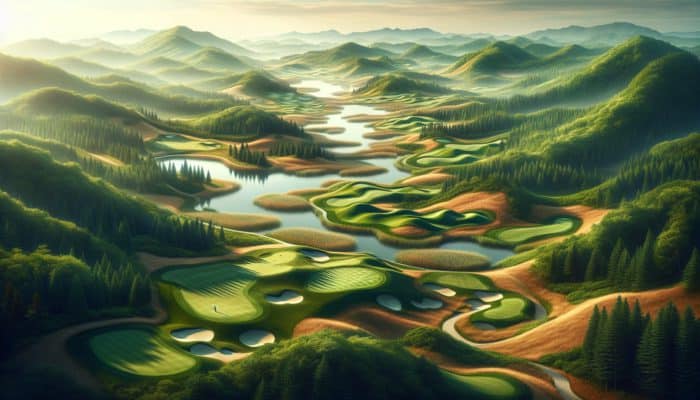 A scenic golf course at Ladysmith Country Club with undulating fairways, bunkers, water hazards, and challenging greens.