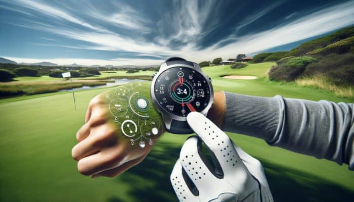 How to Choose a Golf GPS Watch: A golfer with a high-tech GPS watch on a green course in South Africa, showing distances, maps, and shot data.