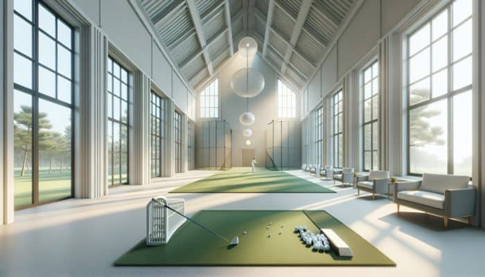 How to Practice Golf at Home: A spacious room with high ceilings, minimal furniture, and large windows, set up for golf practice with a swing trainer and net.