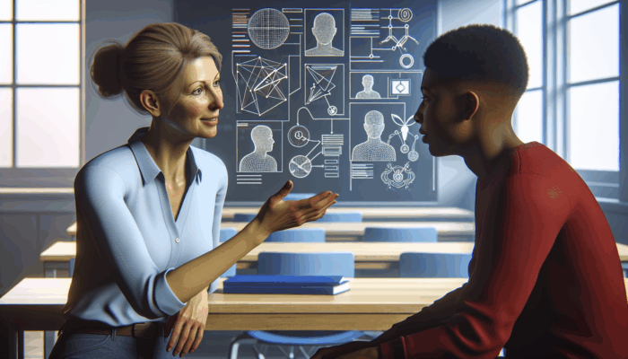 A student and instructor discussing teaching styles in a bright classroom, with diagrams and friendly gestures.