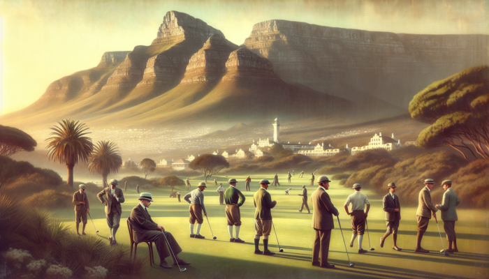 Milnerton Golf Club: Historic 1925 scene of Milnerton Golf Club in Cape Town, with golfers and Table Mountain.