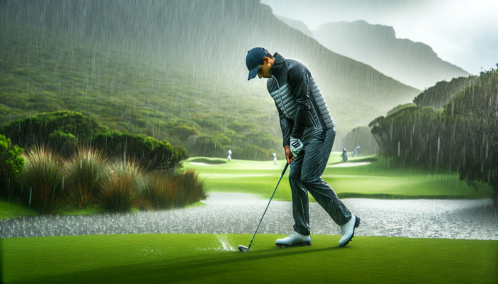 How to Play Golf in Wet Conditions: Golfer in South Africa wearing Galvin Green waterproof gear, playing in the rain on a lush course.