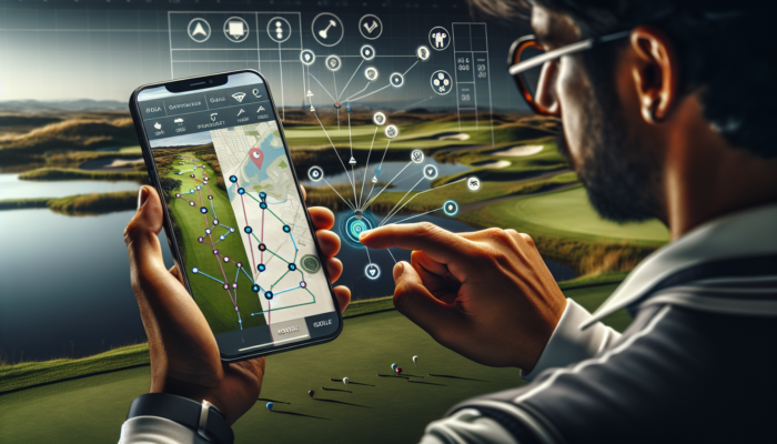 How to Use Golf Course Mapping Apps: A golfer using a smartphone app to view a detailed map of a South African golf course with gameplay tips.
