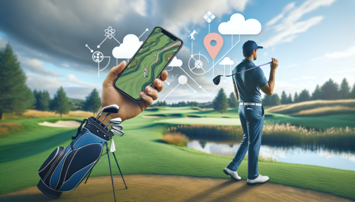 Golfer using mapping app on smartphone at Fancourt, analyzing course layout, yardages, and wind direction.