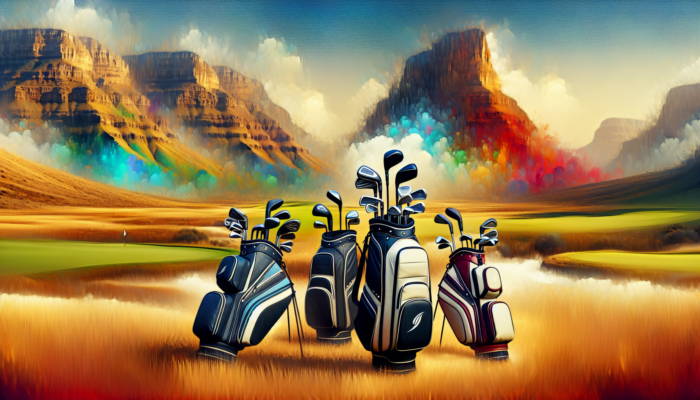 Top Golf Bags for Travel: A vibrant display of golf bags from Callaway, TaylorMade, Titleist, Cobra Puma, and Srixon against a South African landscape.