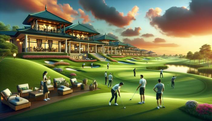 Expansive emerald fairways at a luxurious golf resort under sunset sky, with clubhouse, friends playing by serene lake and lush hills.