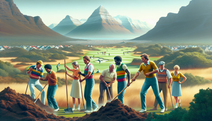 Malmesbury Golf Club: 1980s scene: Enthusiastic golf enthusiasts and locals clearing rugged land for Malmesbury Golf Club, surrounded by mountains and lush greenery.