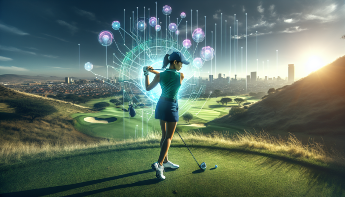 Professional golfer in Johannesburg analyzes swing data on a hilly fairway with urban skyline under bright sun.