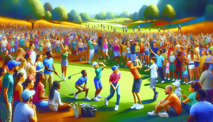 Bankenveld Golf Club: Youth learning golf on a lush green course at Bankenveld Golf Club, guided by mentors, with families and locals celebrating community heritage under a clear sky.