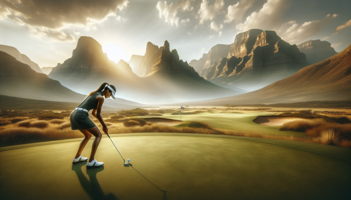 How to Pick the Right Putter Length: A golfer on South Africa's rugged Highveld swings a longer putter on Sun City's undulating greens, with mountains and golden sunlight.