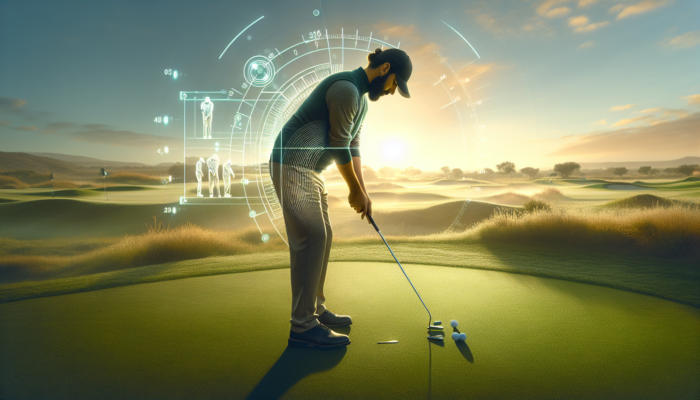Professional golfer testing putter lengths on a lush green course at dawn, with holographic overlays under a golden sky.