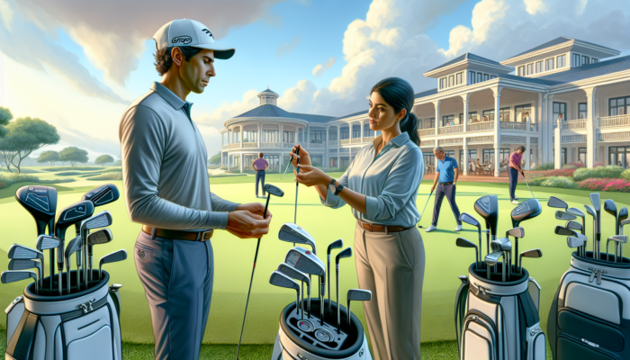 A professional golfer at Durban Country Club receives custom putter fitting on a lush green fairway, with a specialist adjusting equipment.