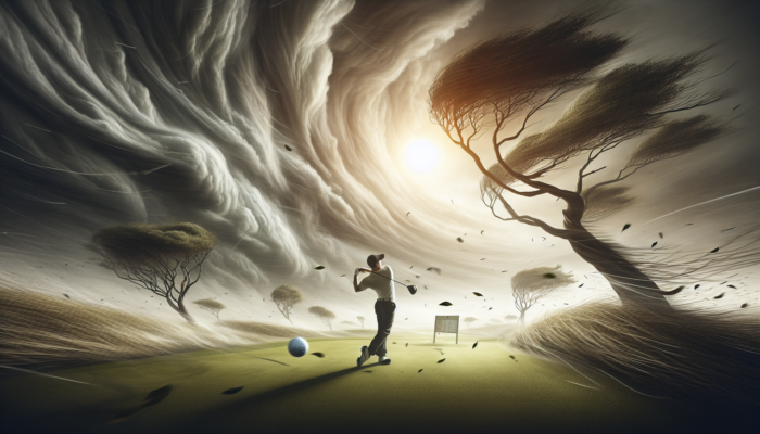 A golfer executes a knockdown shot on a windy South African course, with bending trees, swirling leaves, and a low-flying ball under stormy skies.