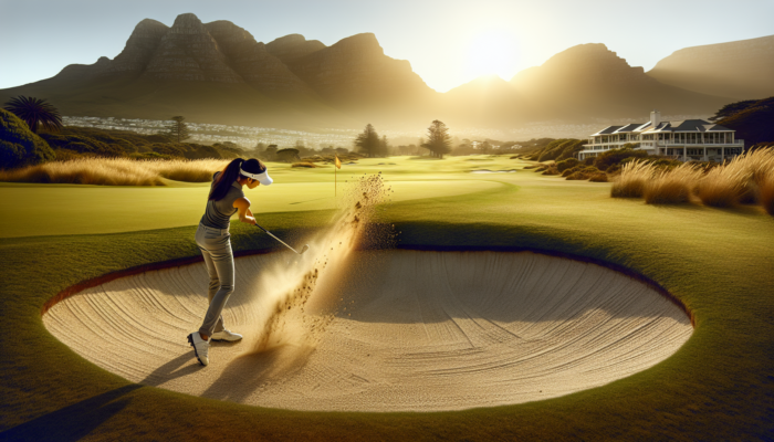 Advanced Golf Bunker Strategies: A professional golfer swings a bunker shot on a sunlit South African course, showcasing flexible stance and club control in golden sand.