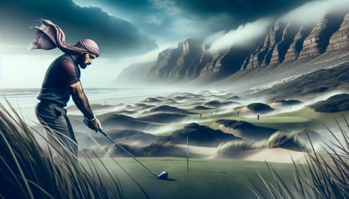 Best Golf Workouts for Endurance: A determined golfer tackles rugged South African terrain in the Highveld, facing steep hills, coastal winds, and stormy skies.