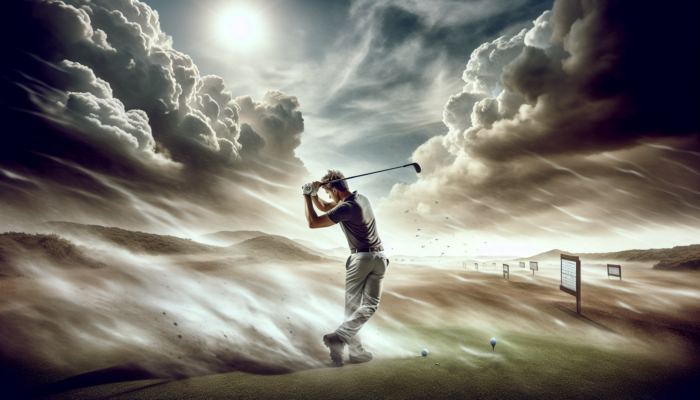 A determined South African golfer visualizes a flawless swing on a windy Johannesburg Highveld course under dramatic clouds.