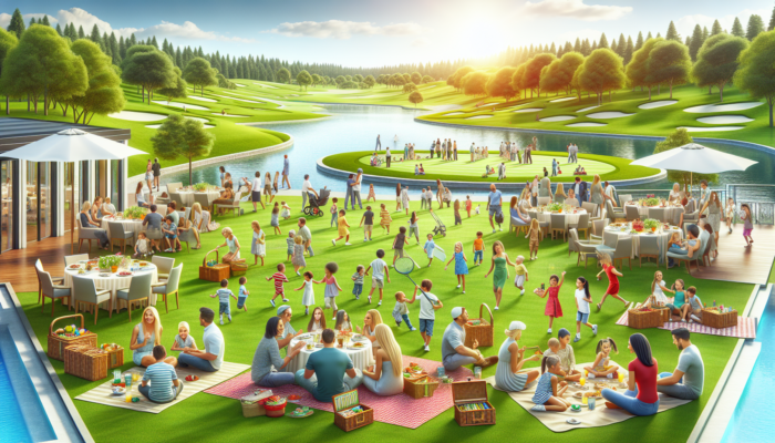 A vibrant family picnic at White River Country Club, with families on green lawns, children playing games, and parents chatting under sunny skies.