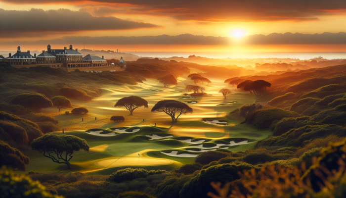 The Presidential Golf Course: A historic South African golf course with lush fairways, strategic bunkers, indigenous flora, colonial architecture, and rolling topography under a golden sunset.