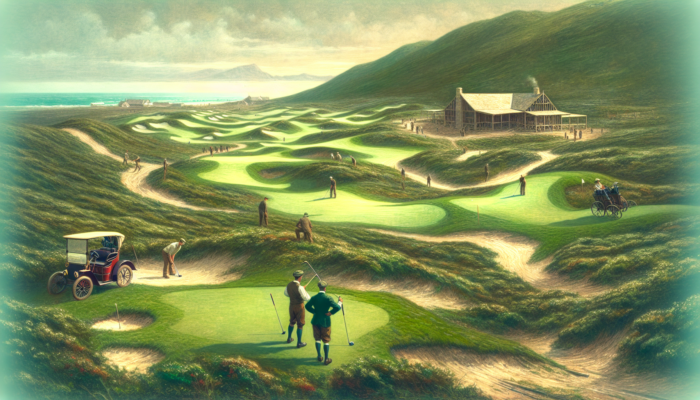 Kokstad Golf Club: 1930s Kokstad Golf Club founding: nine-hole course in verdant Eastern Cape hills, players in vintage attire, rustic clubhouse.