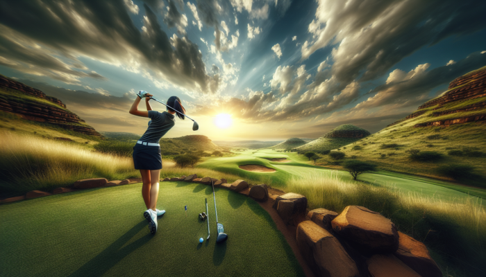 A skilled golfer swings an iron set on South Africa's rugged Highveld course, with undulating fairways of lush greens and dry patches under a dramatic sky.