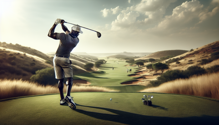 A professional golfer demonstrates a strong grip and wide stance on a lush Gauteng course, poised for a precise swing under sunny skies.