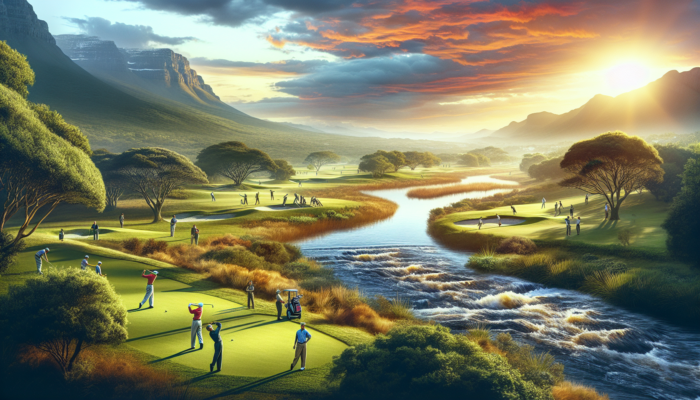 Sabi River Sun Golf Club: Golfers in a 1990s tournament at Sabi River Sun Golf Club: diverse players swinging on lush greens beside a river under a dramatic sunset sky.