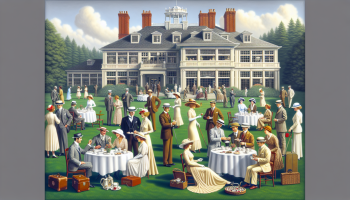 Benoni Country Club: Historic scene at Benoni Country Club: elegant people in 1920s attire mingling on lush green lawns, with a grand colonial clubhouse in the background.