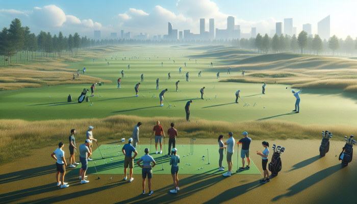 Serene flat golf course in Johannesburg, with beginners practicing swings under an instructor's guidance, lush green fairways, blue skies, and chatting players.