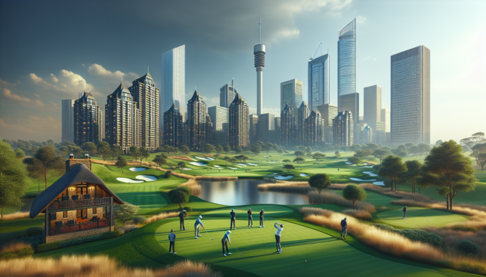 Vibrant golf course in Gauteng, featuring urban Johannesburg skyscrapers, lush fairways, golfers teeing off under a clear blue sky, and elegant clubhouses.