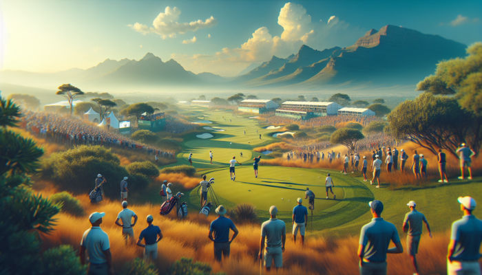 Vibrant summer golf tournament in South Africa: players teeing off on lush greens under a clear blue sky, with crowds and distant mountains.