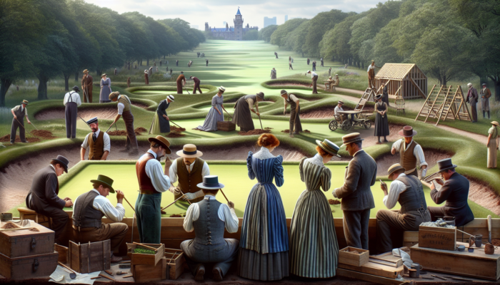 Vintage 1900s scene of Windsor Park Golf Course construction: locals in period attire planting trees, shaping greens, and sharing camaraderie.
