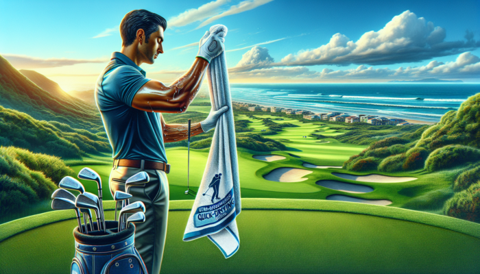 A golfer on Durban's lush coastal course wipes club dirt with a durable Towelie towel, showcasing quick-drying fabric amid vibrant greens and ocean waves.